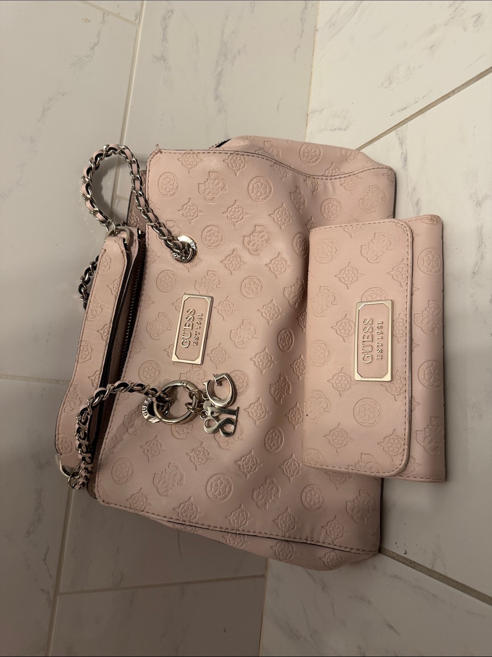 GUESS Pink Embossed Chain Shoulder Bag with Matching Wallet